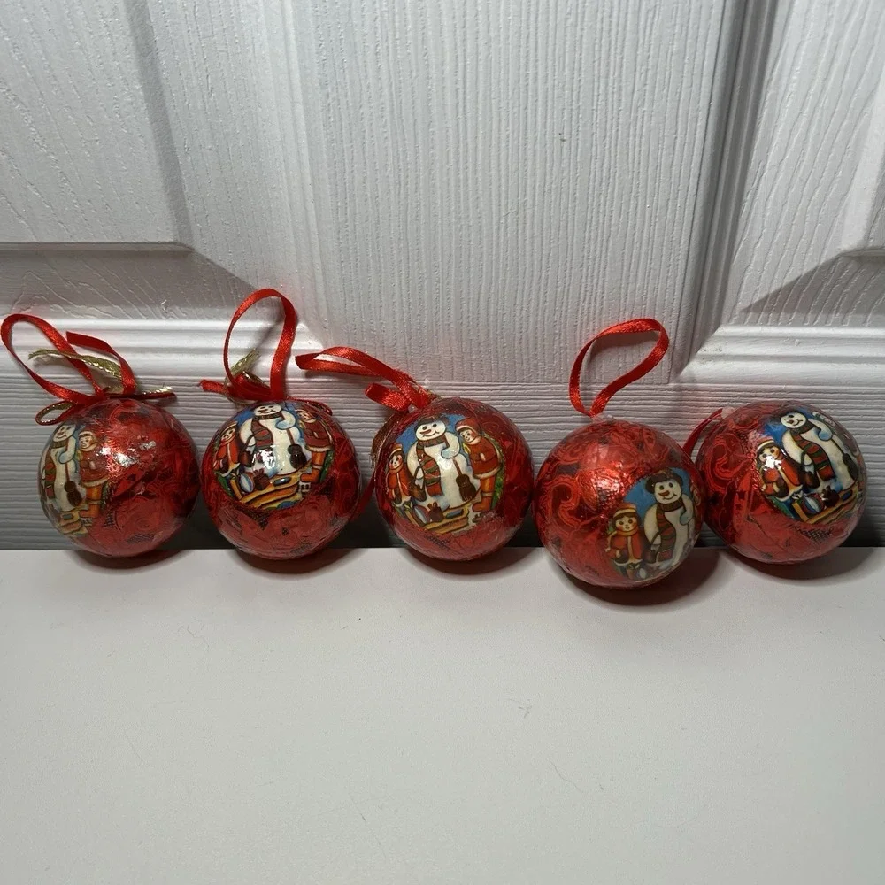 Set Of 5-Vintage Paper Mache‎ Snowman And Children Ornament